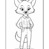 A cartoon fox character standing with hands on hips, wearing a button-up shirt and trousers, outlined for coloring.