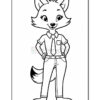 A cartoon fox character standing confidently with hands on hips, wearing a short-sleeved shirt, tie, and pants. The image is outlined in black and is designed for coloring.