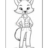 A cartoon fox character standing with hands on hips, wearing a button-up shirt and pants, in a black and white coloring sheet style.