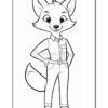 A cartoon fox character standing confidently with hands on hips, wearing a button-up shirt and belted pants, outlined for coloring.