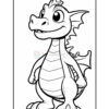 A cute cartoon dragon character with large eyes, a small snout, and wings, outlined for coloring on a blank sheet.