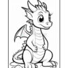 A cartoon-style dragon character, with large eyes, small wings, and a friendly smile, is sitting amid some rocks, illustrated in a black-and-white outline suitable for coloring.