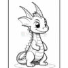 A cartoon dragon character with large horns and a friendly expression, standing on a curved surface, drawn in a coloring book style with bold outlines.
