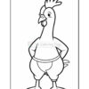 A cartoon-style chicken standing with hands on hips, featuring a prominent comb on its head and wearing pants, in a black and white coloring page format.
