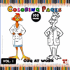 Two cartoon roosters in lab coats, one colored and one outlined for coloring, with 