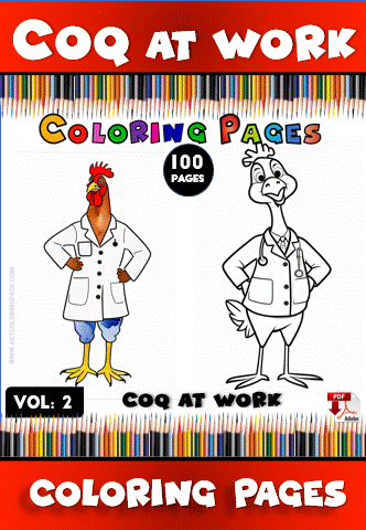 Two cartoon chickens, one dressed in a lab coat with arms crossed, the other in a lab coat standing upright, surrounded by colorful pencils.