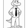 A cartoon alligator dressed as a police officer, wearing a short-sleeved shirt with a badge, a black tie, and pants, standing with hands on hips and a friendly smile.