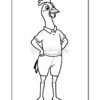 A cartoon chicken character is standing proudly with hands on its hips. It is wearing a short-sleeved polo shirt and shorts, with a playful expression and a unique comb on its head.