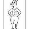 A cartoon chicken character standing confidently with hands on hips, wearing a button-up shirt and shorts. The chicken has a playful expression, with comb and wattle prominently featured. The image is outlined and designed for coloring.