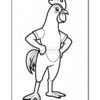 A cartoon rooster stands confidently with its hands on its hips, wearing a short-sleeved shirt and pants, outlined in black and ready for coloring.