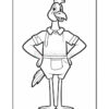 A cartoon-style rooster character, standing confidently with hands on hips, wearing a collared shirt and shorts. The image is outlined for coloring.