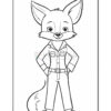 A cartoon fox character wearing a collared shirt with pockets and pants, standing with hands on hips, depicted in a black and white outline suitable for coloring.