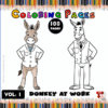 Two donkey cartoon characters with a formal appearance, one colored and the other in a black-and-white outline for coloring.