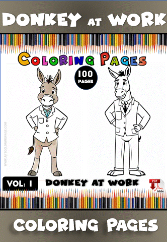 Two donkey cartoon characters with a formal appearance, one colored and the other in a black-and-white outline for coloring.