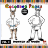 A coloring page featuring a cartoon donkey in a chef's outfit, one version in color and the other outlined for coloring, with text about coloring pages.