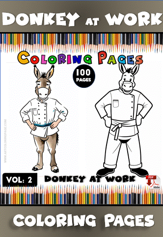 A coloring page featuring a cartoon donkey in a chef's outfit, one version in color and the other outlined for coloring, with text about coloring pages.