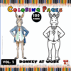 A colorful illustration of a donkey in a suit on the left and a black and white outline of the same donkey on the right, labeled “Coloring Pages.”