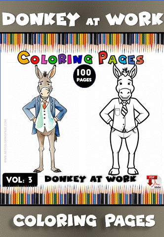 A colorful illustration of a donkey in a suit on the left and a black and white outline of the same donkey on the right, labeled “Coloring Pages.”