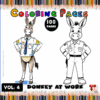 A cartoon donkey dressed as a police officer and an artist, surrounded by colorful pencils, titled 