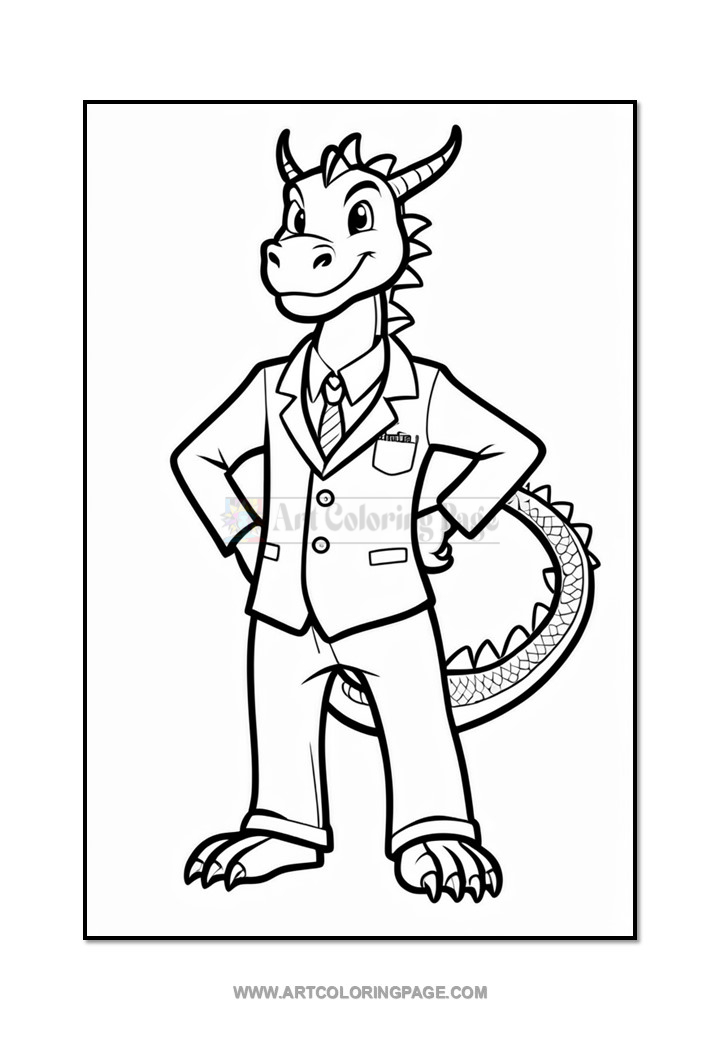 A cartoon dragon in a suit stands confidently with hands on its hips, displaying a friendly expression and wearing a tie and badge, outlined for coloring in a coloring sheet format.