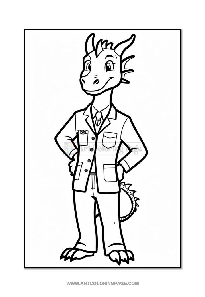 Line art illustration of a cartoon dragon wearing a suit and tie, standing confidently with hands on hips, featuring a cheerful expression and short horns on its head, ready for coloring.