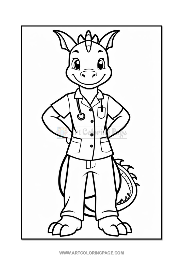 A cartoon dragon character dressed in a doctor's outfit with a stethoscope hanging around its neck, standing proudly with hands on hips. The image is outlined in black and intended for coloring.