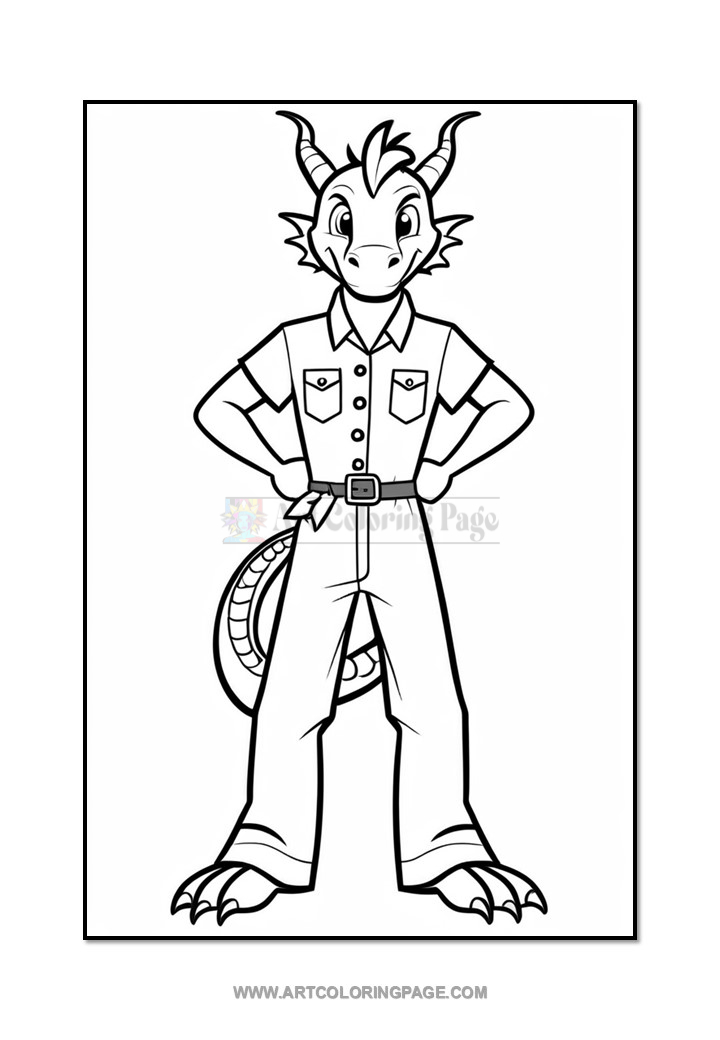 A cartoon dragon character with large horns and wearing a button-up shirt and pants is standing confidently with hands on hips, on a plain white background. The image is in black and white, designed for coloring.