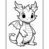A cute cartoon dragon with big eyes, small wings, and a playful expression, outlined for coloring.