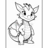 A cartoon dragon character with large eyes, pointed ears, and a friendly expression, standing confidently with its arms crossed and wings partially open, designed for coloring activities.
