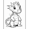 A cute cartoon dragon character with large eyes and a happy expression, outlined for coloring, featuring small wings and a spiky back, set against a blank background.