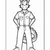 A cartoon dragon character standing confidently, wearing a shirt and pants, with a playful expression and a tail visible behind him. The illustration is outlined and designed for coloring.