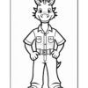 A cartoon dragon character wearing a button-up shirt and belt, standing in a confident pose with hands on its hips. The dragon has two horns on its head and is depicted in a simple, outlined style suitable for coloring.