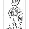 A cartoon dragon character wearing a utility outfit with overalls and a cap, standing with hands on hips, set against a blank background, suitable for coloring activities.