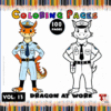Two cartoon dragons in uniforms: one in a police outfit and the other in a work uniform, surrounded by colorful pencils.