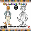 A colorful dragon dressed in a suit stands next to a black and white outline version of the same dragon for coloring.
