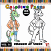 A coloring page featuring two cartoon dragons in different outfits: one in a colorful suit and the other in a casual shirt.