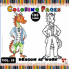 A colorful dragon in a suit on the left and a black-and-white outline of the same dragon on the right, labeled as a coloring page.