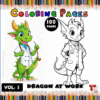 A colorful dragon wearing a lab coat alongside a black and white outline illustration of the same dragon for coloring.
