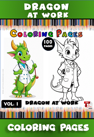 A colorful dragon wearing a lab coat alongside a black and white outline illustration of the same dragon for coloring.