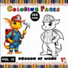 Two cartoon dragons, one orange wearing a police uniform and the other gray dressed as a construction worker, set against a colorful background of pencils.