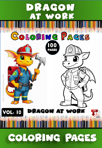 Two cartoon dragons, one orange wearing a police uniform and the other gray dressed as a construction worker, set against a colorful background of pencils.