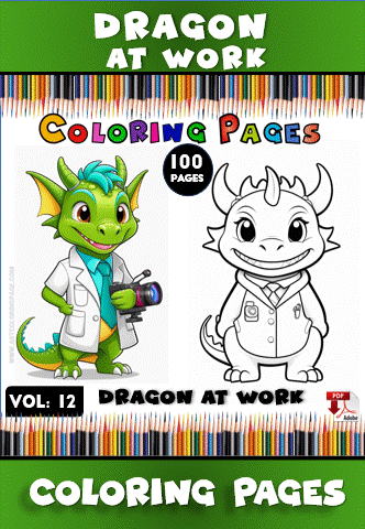 A colorful illustration featuring two cartoon dragons in lab coats, one fully colored and the other in outline for coloring, labeled "Dragon at Work."