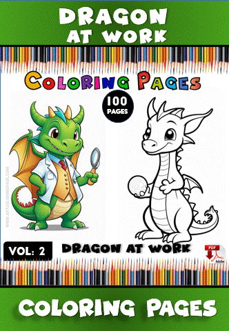 Coloring book cover featuring two dragons: a green dragon in a lab coat with a magnifying glass, and a white dragon sketch.