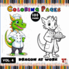 A colorful dragon in a chef's outfit on one side and a black-and-white outline of the same dragon, ready to color, on the other side.