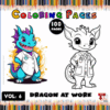 Two cartoon dragons designed for a coloring page, one with a blue and green color scheme wearing a lab coat, and the other a white dragon in a similar outfit. The title 