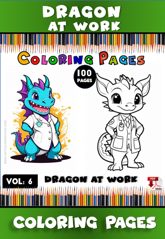 Two cartoon dragons designed for a coloring page, one with a blue and green color scheme wearing a lab coat, and the other a white dragon in a similar outfit. The title "Dragon at Work" is featured prominently.