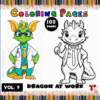 Coloring page featuring a cartoon dragon in a lab coat and glasses, next to a black and white outline of a similar dragon in a suit and tie.