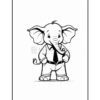 A cartoon elephant wearing a suit and tie, standing with its hands on its hips and a smile, outlined for coloring.