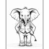 A cartoon-style elephant wearing a vest and holding a cane, standing confidently with its hands on its hips against a plain background, suitable for coloring.