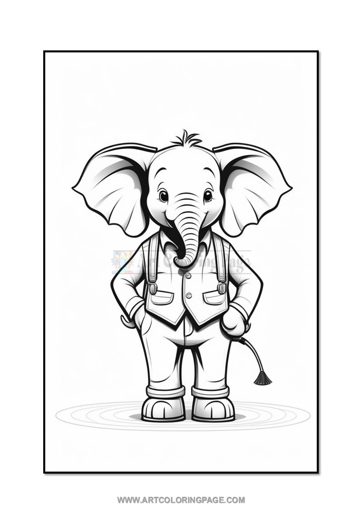 A cartoon-style elephant wearing a vest and holding a cane, standing confidently with its hands on its hips against a plain background, suitable for coloring.
